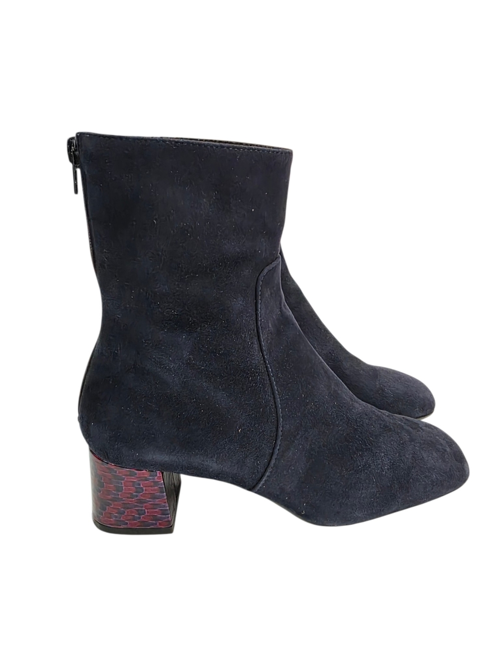 RON WHITE Odelia Suede Square Toe Woven Print Heel Women's Bootie Sz 36  Navy